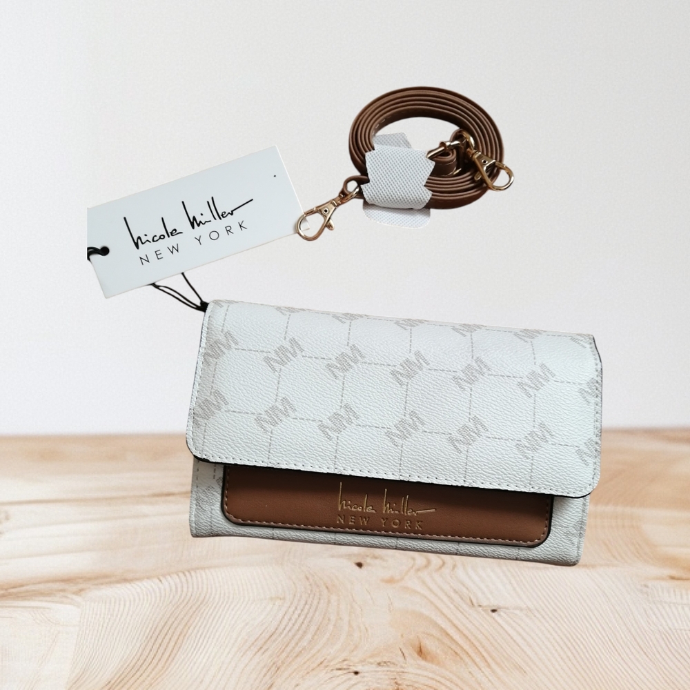 Nicole Miller White and Brown Crossbody Bag - Picture 1 of 7
